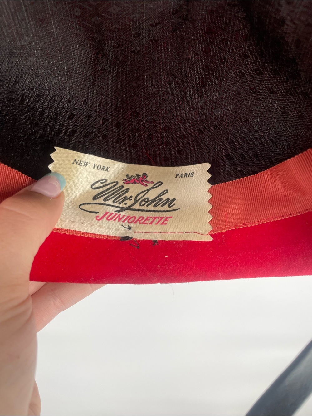 60s Mr. John Juniorette Red Riding Hat W Black Contrasting Trim & Chin Strap - Picture 9 of 11